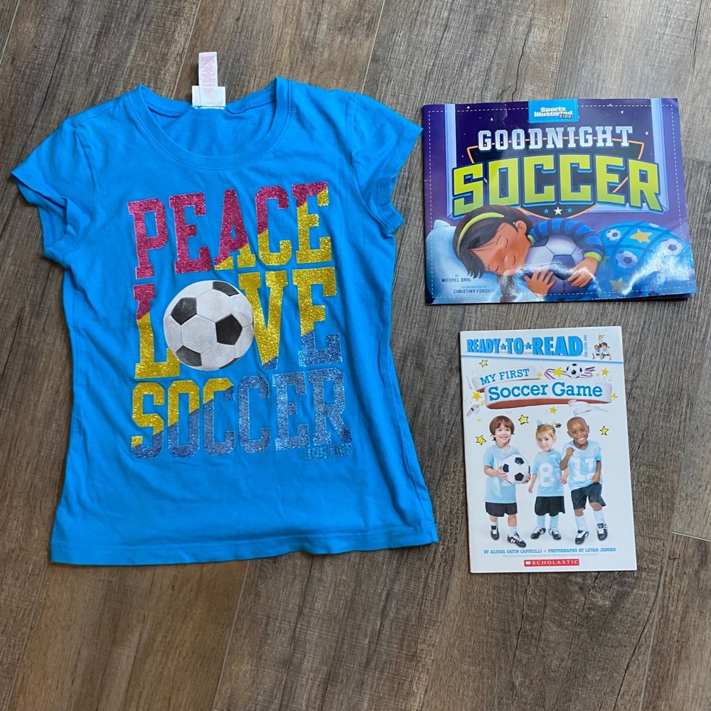 Justice Girls Blue Peace Love Soccer Shirt Sz 7 & 2 Soccer Books Bundle Kids Set